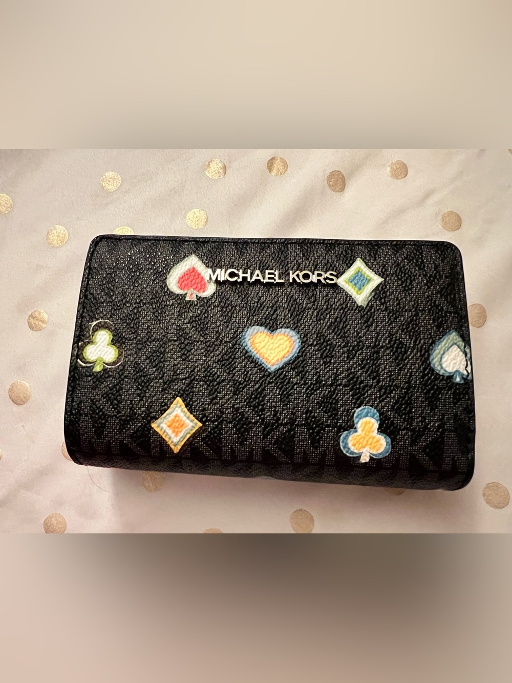 Michael Kors Black Leather Card Holder with Gold Logo Accent